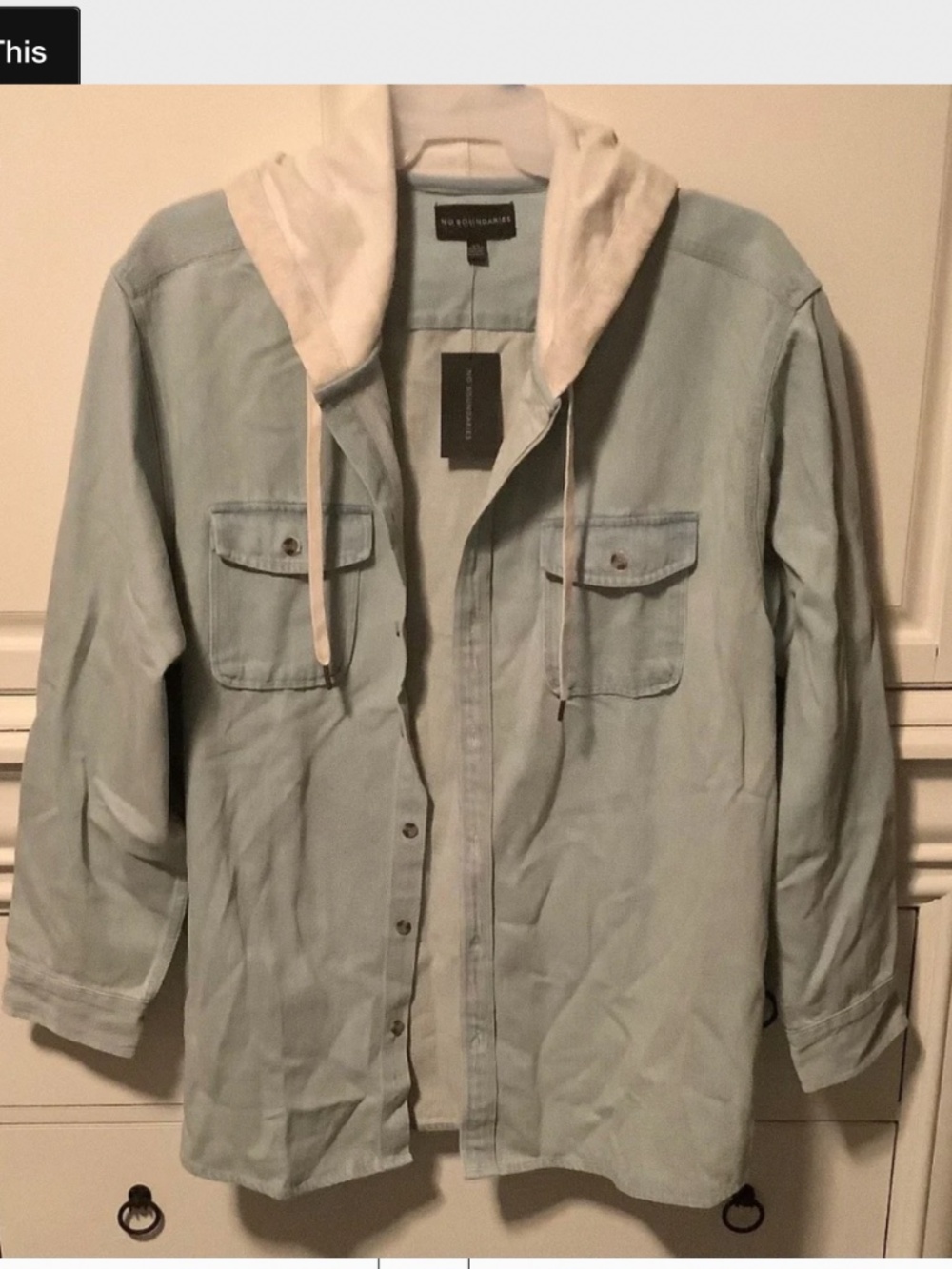 Men’s 2X hooded denim button up shirt jacket, new with tags, 2 chest pockets